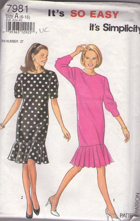 Simplicity 7981 Vintage 90's Sewing Pattern Easy Flounced Sheath Dress, Secretary Party Styles Size 6-16