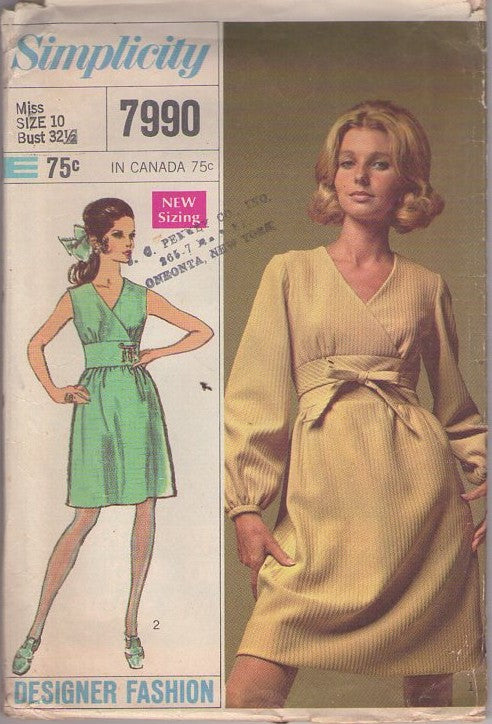 Simplicity 7990 Vintage 60's Sewing Pattern Mod Dresses, Designer Fashion Wide Midriff Surplice V Neck Cocktail Party Dress, 2 Styles Size 10