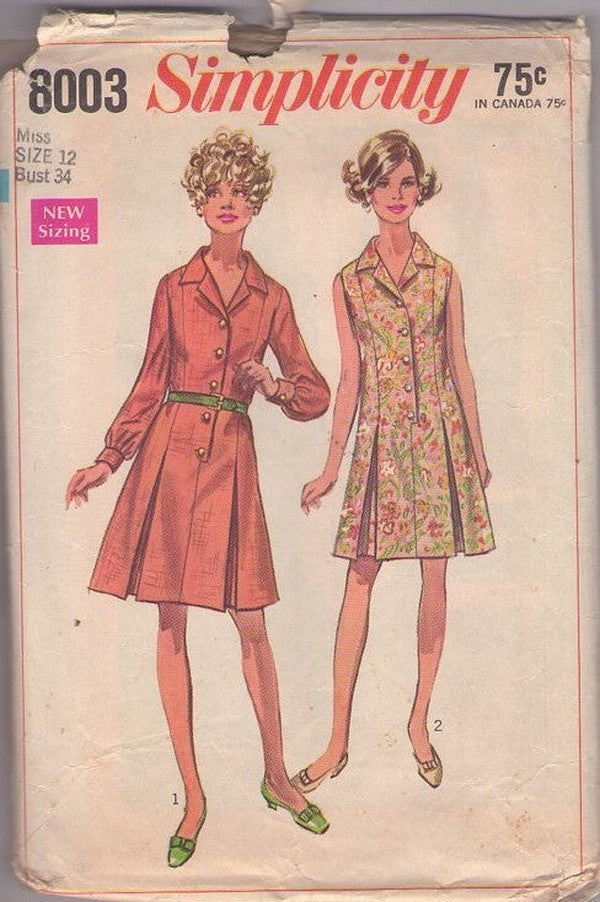 Simplicity 8003 Vintage 60's Sewing Pattern Mod Shirtdress, Shirtwaister, Secretary Step In, Buttoned Band, Collared Day Dress 2 Styles Size 12