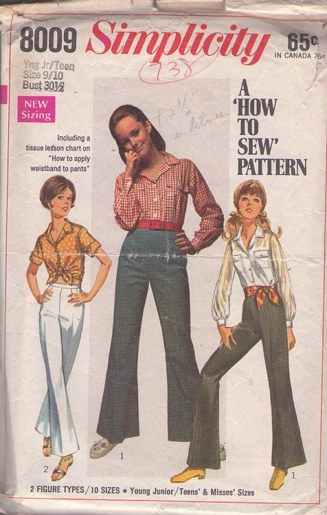 Simplicity 8009 Vintage 60's Sewing Pattern Disco Pants, Shirt, Easy How to Sew, Tied Midriff Farmer's Daughter Blouse, High Waisted Bell Bottoms, Pants Size 11/12