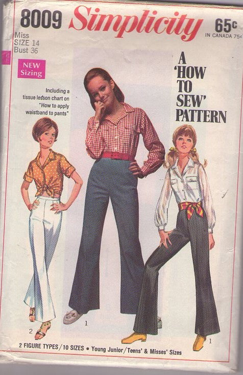 Simplicity 8009 Vintage 60's Sewing Pattern Disco Pants, Shirt, Easy How to Sew, Tied Midriff Farmer's Daughter Blouse, High Waisted Bell Bottoms, Pants Size 14