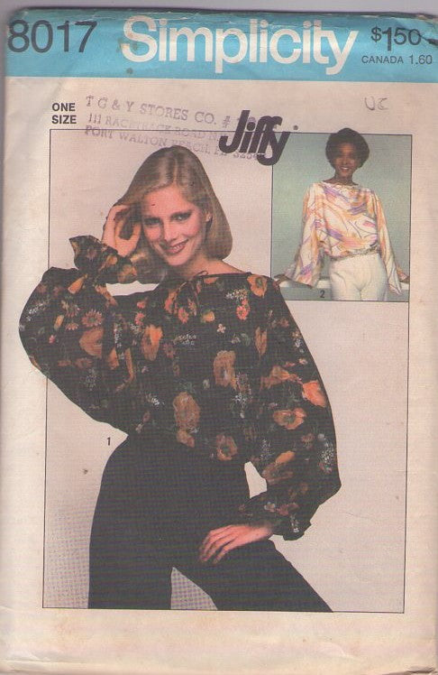 Simplicity 8017 Vintage 70's Sewing Pattern Boho Blouse Set, Jiffy Disco Cropped Elastic Waist Pullover Batwing Blouse, Top 2 Styles Easy To Sew One Size