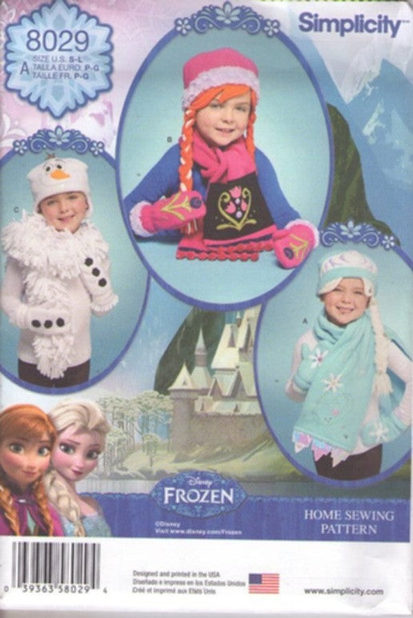 Simplicity 8029 Retro 2015 Sewing Pattern Character Costumes, Kids' Walt Disney Frozen Character Fleece Hats, Scarf Wrap, Mittens, Elsa, Anna, Olaf Snowman Size S-L
