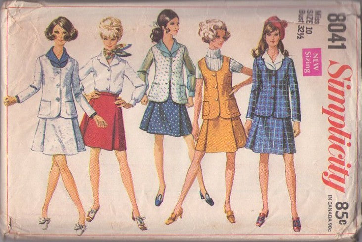 Simplicity 8041 Vintage 60's Sewing Pattern Mod Separates, Twiggy Office Mix & Match Scoop Neck Vest, Jacket, Pleated Mini Skirt & Blouse Size 10 CUT