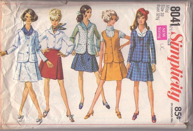 Simplicity 8041 Vintage 60's Sewing Pattern Mod Separates, Twiggy Office Mix & Match Scoop Neck Vest, Jacket, Pleated Mini Skirt & Blouse Size 10 UNCUT