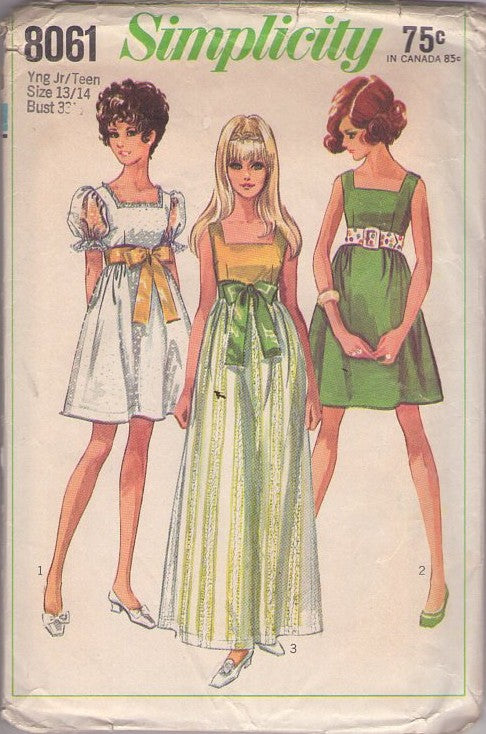 Simplicity 8061 Vintage 60's Sewing Pattern Mod Prom Gown, Puff Sleeve Eyelet Babydoll Dress, Square Neck Jumper, Bow Waist Size 13/14
