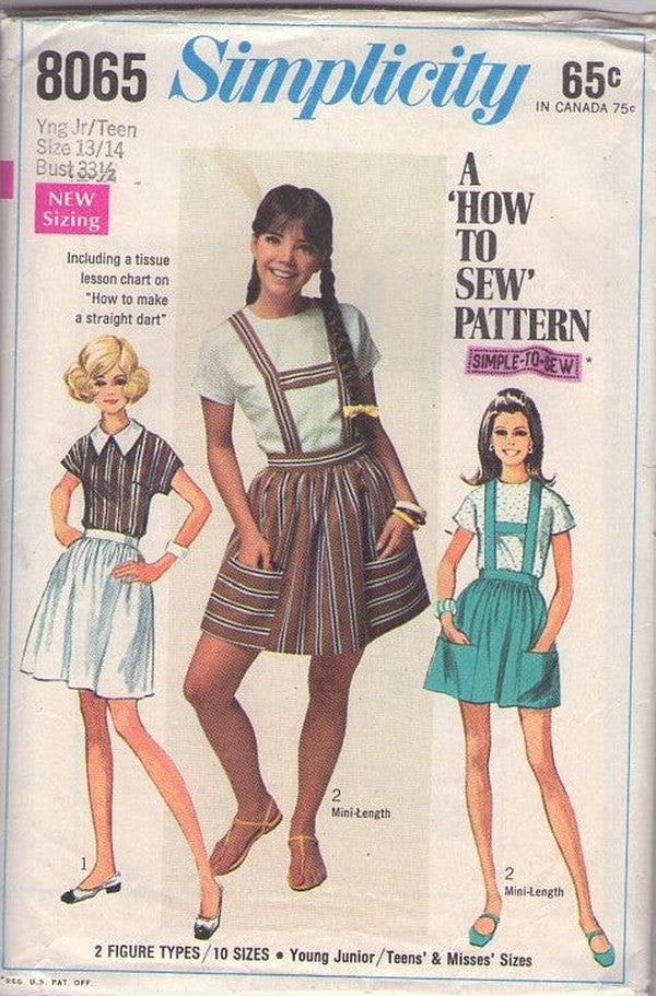 Simplicity 8065 Vintage 60's Sewing Pattern Mod Shirt, Suspenders Skirt, Easy How to Sew, Tshirt Top Blouse, Flared Gathered Dirndl Skirt with Oktoberfest Suspenders Size 13/14