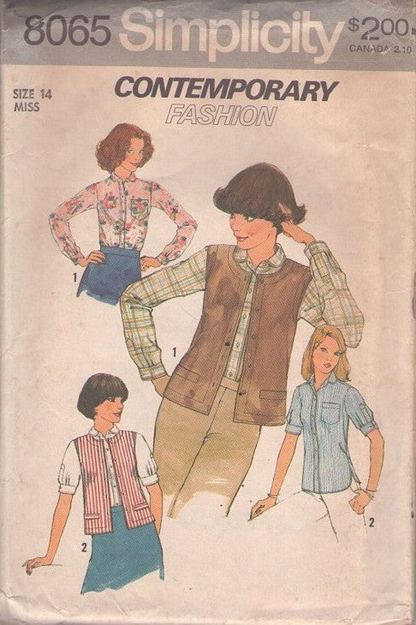 Simplicity 8065 Vintage 70's Sewing Pattern Button Band Secretary Blouse, Vest Jacket Size 14