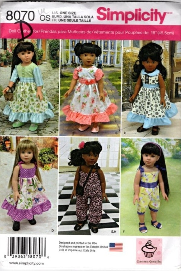 Simplicity 8070 Retro 2016 Sewing Pattern Doll Wardrobe, 18" American Girl Party Dress, Maxi Gowns, Jumpsuit, Romper OZ