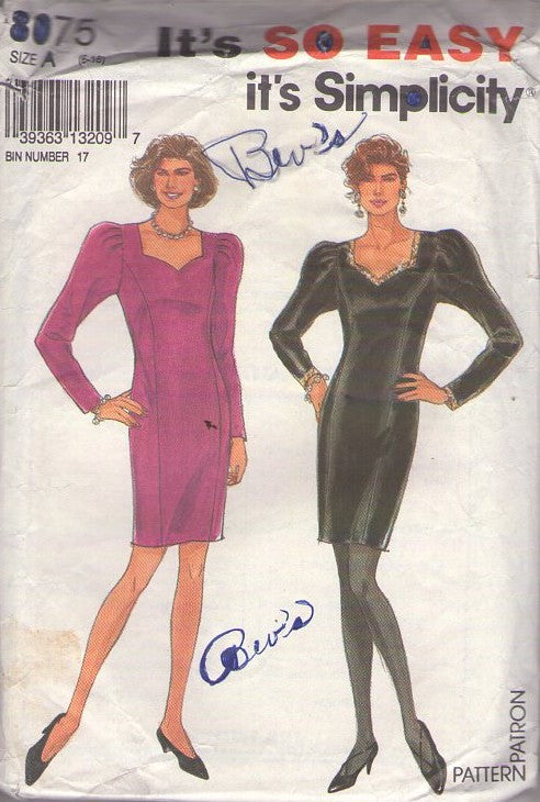 Simplicity 8075 Vintage 90's Sewing Pattern Dynasty Dress, Puff Shoulders, Slim Sleeve, Princess Seams Cocktail Party Dress, Sweetheart Neckline Sheath Size 6-16