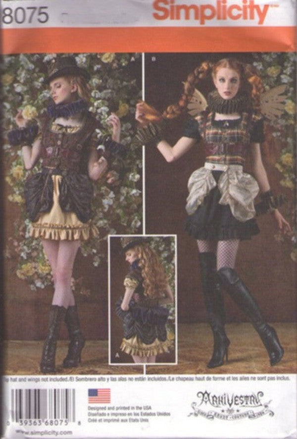 Simplicity 8075 Retro 2016 Sewing Pattern Cosplay Costumes, Goth Arkivestry Haunt Couture, Steampunk Mini Skirt Dress, Bustle, Vest, Ruffles, Harness Size 14-22