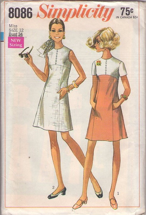 Simplicity 8086 Vintage 60's Sewing Pattern Mod Dress, Twiggy Looks, High Yoked Center Front Panel, Hidden Pockets Day Dress 2 Styles Size 12