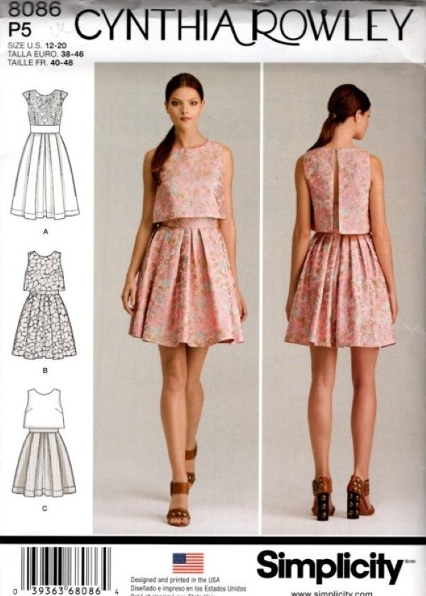 Simplicity 8086 Retro 2016 Sewing Pattern Designer Cynthia Rowley Unique Dress, 2 Piece Look with Overlay Top Size 12-20