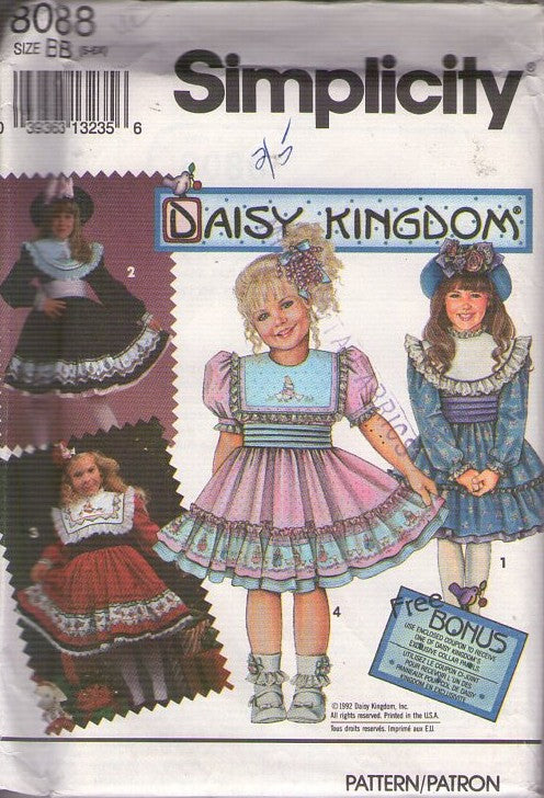 Simplicity 8088 Vintage 90's Sewing Pattern Girl's Fancy Dress, Daisy Kingdom Holiday Party Tiered Ruffle Skirt, Platter Collar Dress 4 Styles Size 5-6X