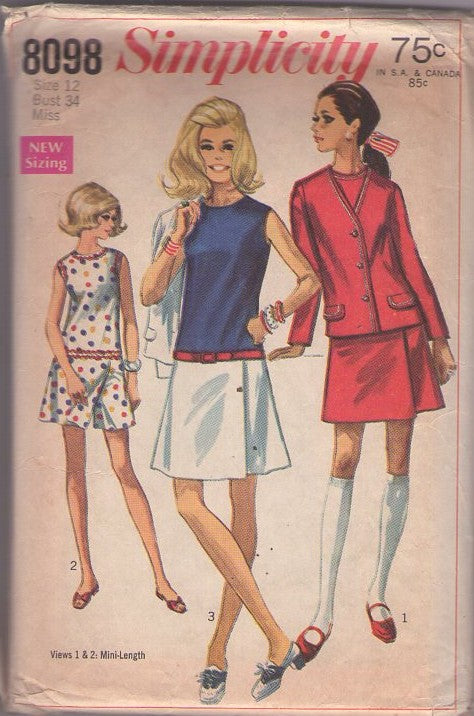Simplicity 8098 Vintage 60's Sewing Pattern Mod Scooter Skirt Dress, Drop Waist Flip Front Panel Pantdress, Jumpsuit Romper & Jacket Size 12