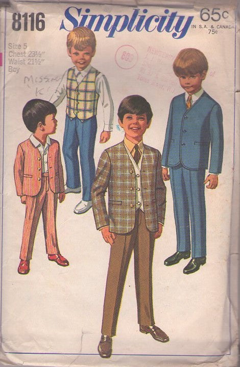 Simplicity 8116 Vintage 60's Sewing Pattern Boys' Beatles Suit, Costume, Little Modster Mod Suit Jacket, Trousers, Reversible Vest Size 5