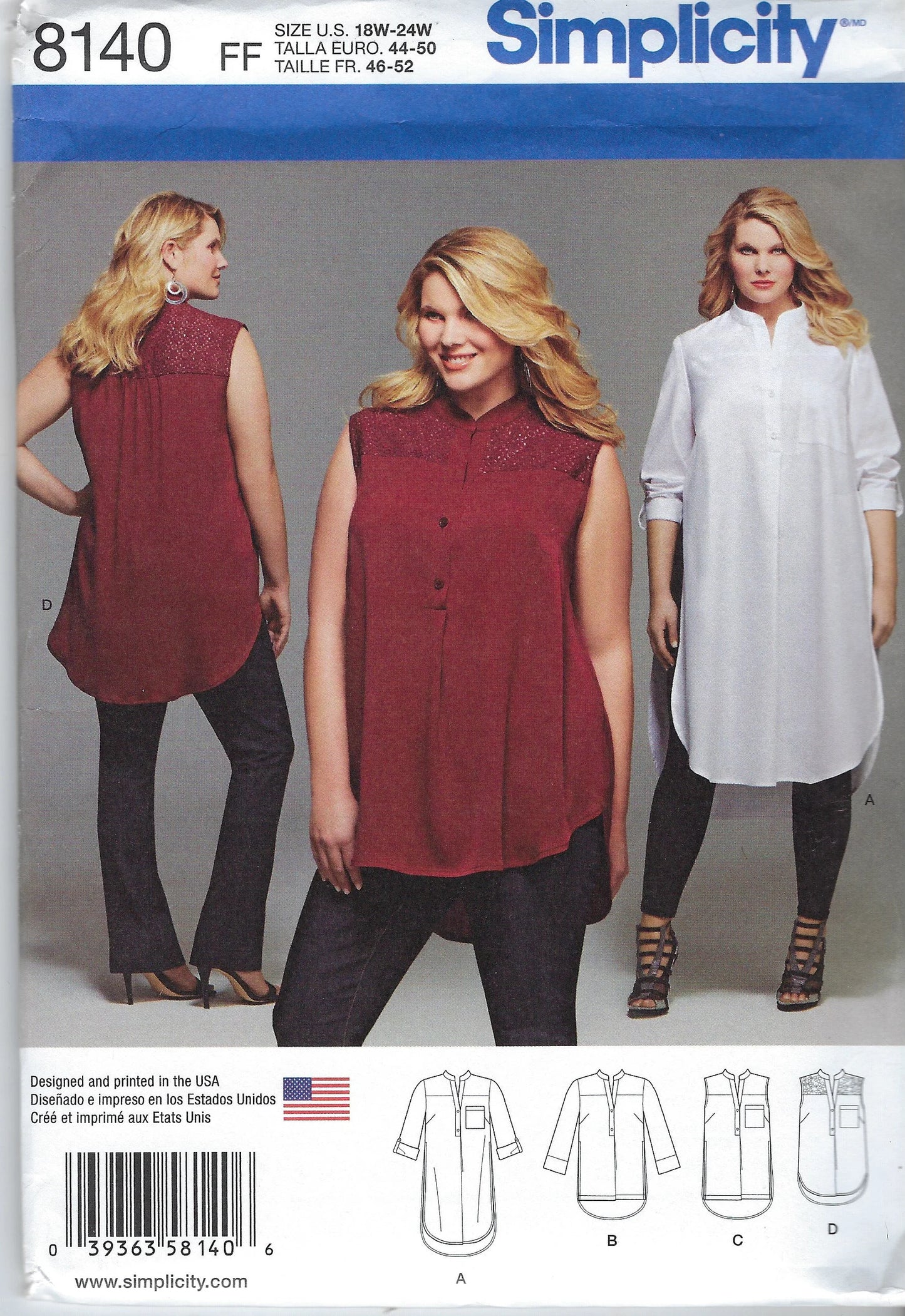 Simplicity 8140 Retro 2016 Sewing Pattern Plus Size Oversized Shirt, Long Side Slits Tunic Top Blouse, 4 Styles Size 18W-24W