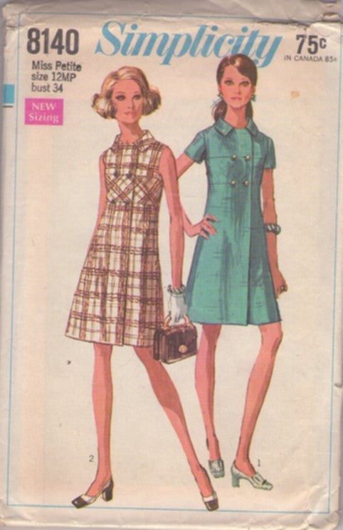 Simplicity 8140 Vintage 60's Sewing Pattern Mod Dress, Twiggy Space Age Step In Collared Double Breasted Day Dress 2 Styles Size 12MP