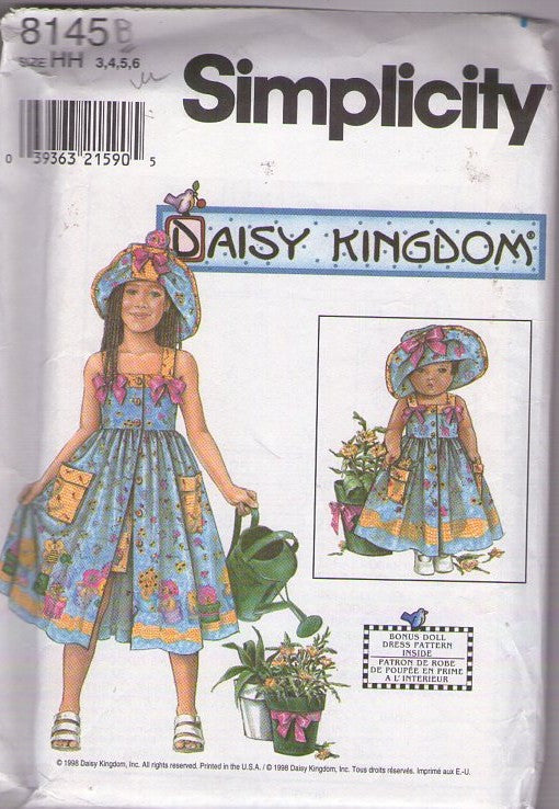 Simplicity 8145 Retro 2000 Sewing Pattern Girl's Dress Set, Daisy Kingdom, Front Buttoned Summer Border Fabric Sun Dress, Flip Brim Sun Hat, Modesty Shorts, Matching Doll Outfit 3-6