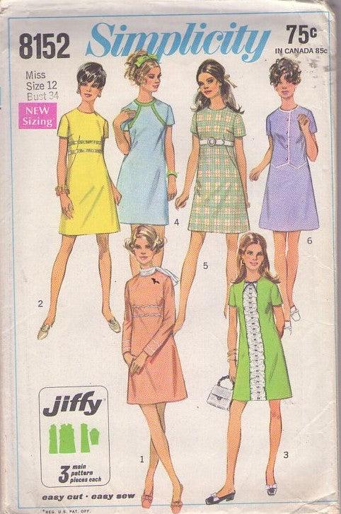 Simplicity 8152 Vintage 60's Sewing Pattern Mod Dresses, Twiggy Easy Jiffy Secretary Dart Fitted Dress, Trim Interest, 6 Styles Size 12