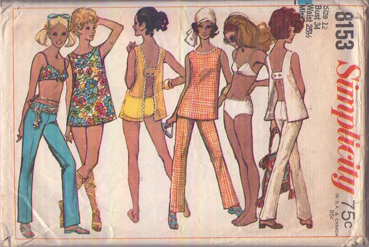 Simplicity 8153 Vintage 60's Sewing Pattern Mod Summer Separates, Bond Girl Bikini Bathing Suit, Bra and Boy Cut Bottoms, H Button Back Cover Up Top, Slim Hip Huggers Pants Size 12