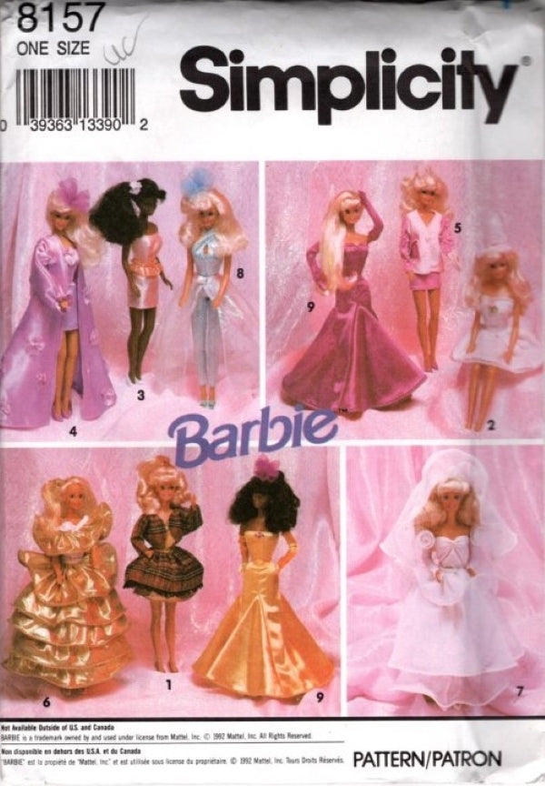Simplicity 8157 Vintage 90's Sewing Pattern Official Barbie Doll 11.5" Fashion Wardrobe, Formal Dress, Bridal Gown, Gloves, MORE