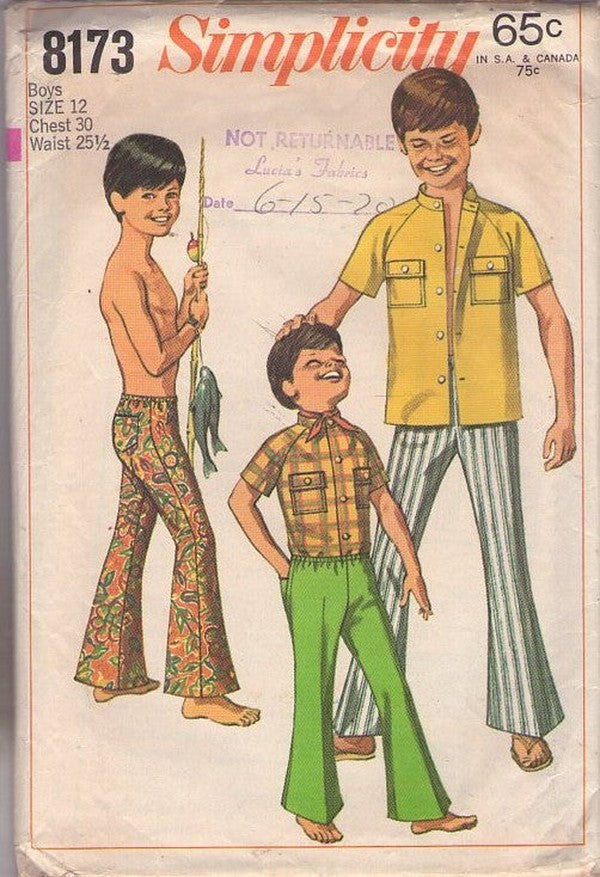Simplicity 8173 Vintage 60's Sewing Pattern Boys' Shirts, Trousers, Hippie Mod Hipster Bell Bottoms Pants, Nehru Collar Raglan Sleeve Shirt Set Size 12