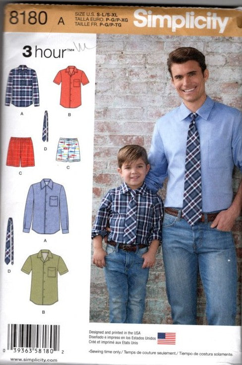 Simplicity 8180 Retro 2016 Sewing Pattern Men and Boys' Easy 3 Hour Dress Shirt Set, Boxer Shorts, Necktie Ties Size S-L and X-XL
