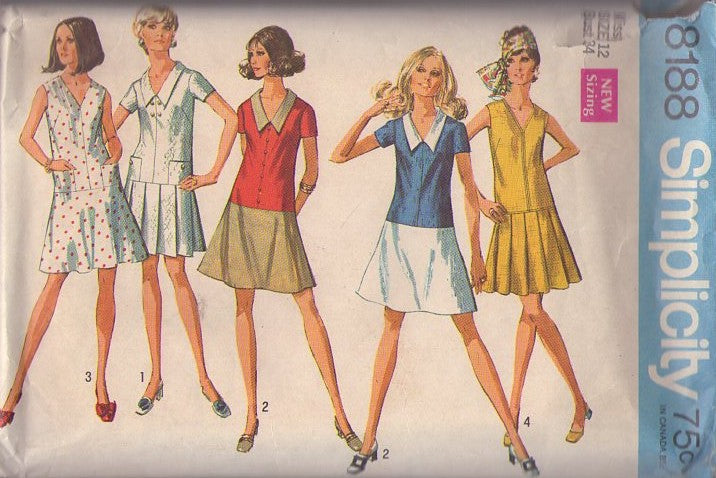 Simplicity 8188 Vintage 60's Sewing Pattern Mod Dress Set, Drop Waist, Mix & Match Bodice & Skirt, Secretary Twiggy Dress, 4 Styles Size 12