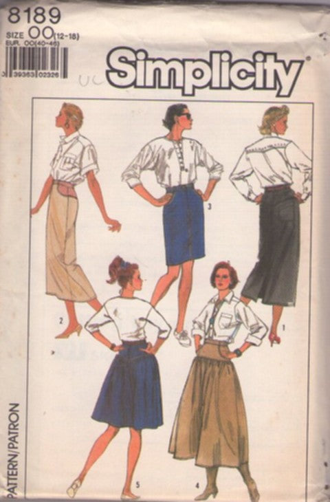 Simplicity 8189 Vintage 80's Sewing Pattern New Wave Skirts, Brat Pack Hip Yoked Slim Denim, Midi, Flared Skirt Set 5 Styles Size 12-18 UNCUT