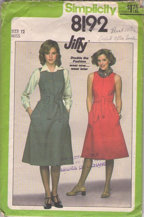 Simplicity 8192 Vintage 70's Sewing Pattern Easy Jumpers, Jiffy Dress, Retro Summer Sun Dress, Shaped Wide Tie Front Attached Belt Size 12