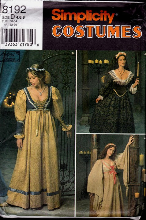 Simplicity 8192 Retro 90's Sewing Pattern Cosplay Costumes, Medieval LARP SCA Renaissance Faire Princess Gowns, Dress in 3 Styles, Corset Vest, Wristlets Size 4-8