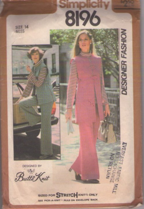 Simplicity 8196 Vintage 70's Sewing Pattern Office Separates, Designer Fashion Butte Knit Stretch Knits Button Tab Tunic Top Vest, Pants Size 14