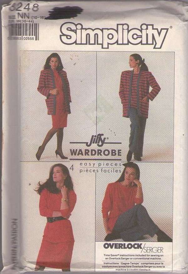 Simplicity 8248 Vintage 80's Sewing Pattern Jiffy Wardrobe, Cardigan Jacket, Top, Skirt, Pants Size 10-16