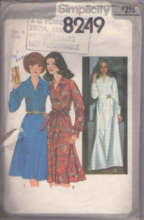Simplicity 8249 Vintage 70's Sewing Pattern Disco Dress Set, Liquid Silver Hostess Evening Gown, Pleated Bodice Shirtwaist Secretary Dress 3 Styles Size 16