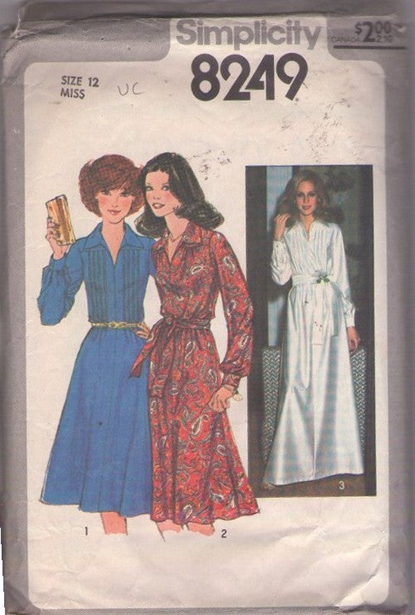 Simplicity 8249 Vintage 70's Sewing Pattern Disco Dress Set, Liquid Silver Hostess Evening Gown, Pleated Bodice Shirtwaist Secretary Dress 3 Styles Size 12