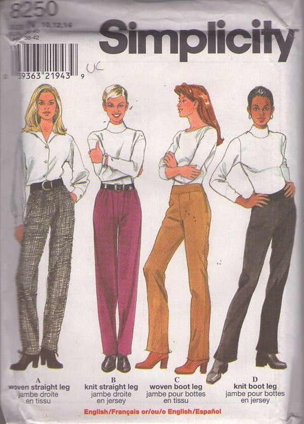 Simplicity 8250 Retro 90's Sewing Pattern Career Trousers, Pants Set, Straight or Boot Leg Cut Size 10-14