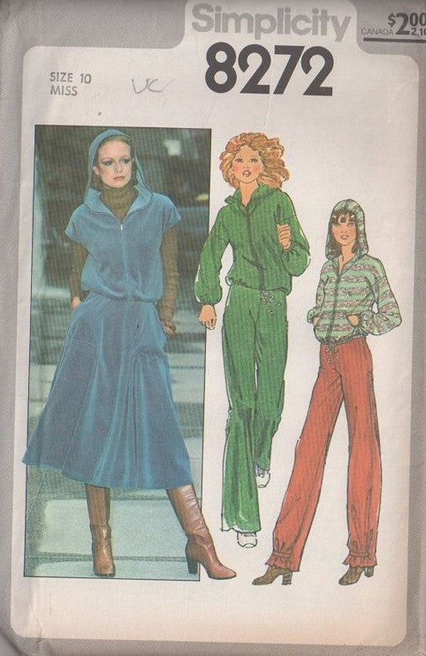 Simplicity 8272 Vintage 70's Sewing Pattern Velour Jogging Suit, Zip Up Hooded Jacket Top, Flared Skirt, Gathered Leg Pants Size 10