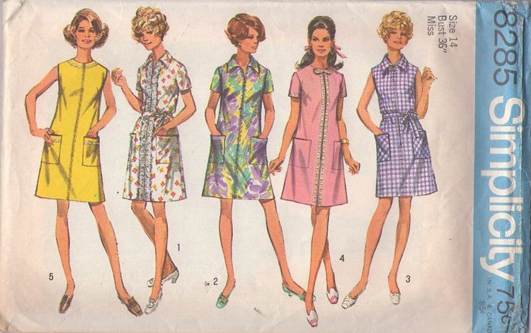 Simplicity 8285 Vintage 60's Sewing Pattern Mod Day Dresses, Housewife Daytime House Coat Style Day Dress, Front Zipper Size 14 CUT