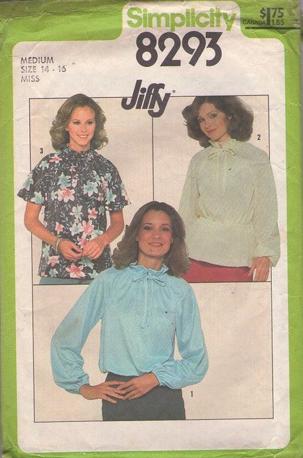 Simplicity 8293 Vintage 70's Sewing Pattern Easy Jiffy Blouse Set, Drawstring Neck Ruffle, Loose Fit, 3 Styles Size M 14-16