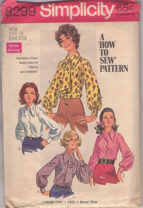Simplicity 8299 Vintage 60's Sewing Pattern Mod Blouse Set, Long Pointed Collar, Tie, Long Balloon Sleeves 2 Styles Size 10