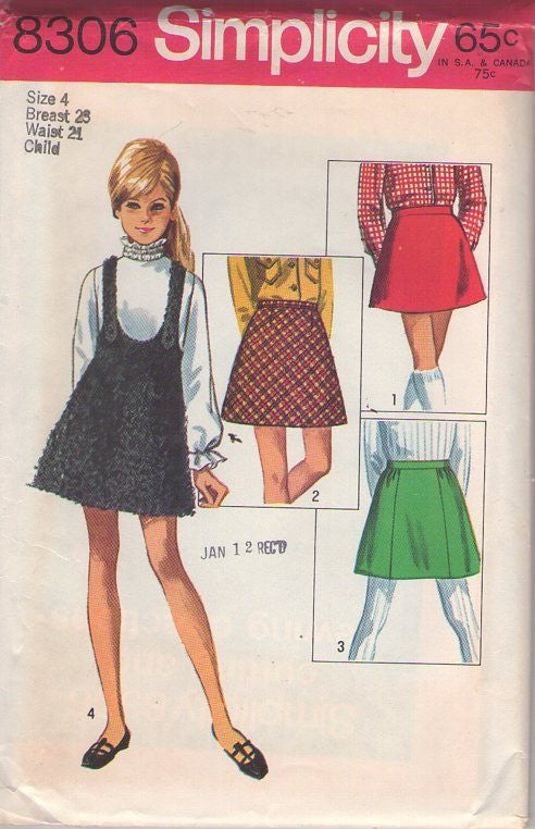Simplicity 8306 Vintage 60's Sewing Pattern Girl's Skirts, Jumper, Mod Twiggy Deep U Neck Suspender Mini Dress, Jumper, School Skirt Set Size 4