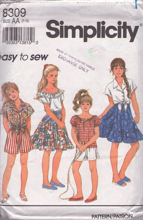 Simplicity 8309 Vintage 90's Sewing Pattern Girl's Summer Separates, Prairie Skirt, Peasant Blouse, Tie Front Shirt Size 7-10
