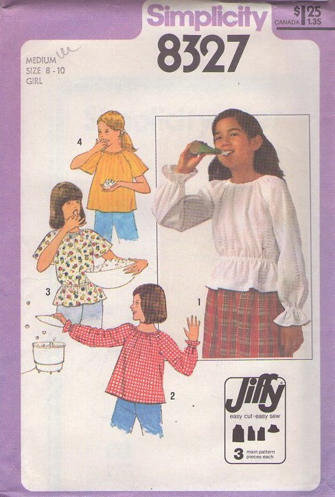 Simplicity 8327 Vintage 70's Sewing Pattern Girl's Blouses, Easy Jiffy, Raglan Sleeve Boho Gypsy Summer Blouse, Top, Shirt Set 4 Styles Size M 8-10