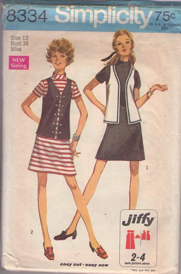 Simplicity 8334 Vintage 60's Sewing Pattern Mod Separates, Turtle Neck Dress, Chain Toggles Vest Jacket Size 12
