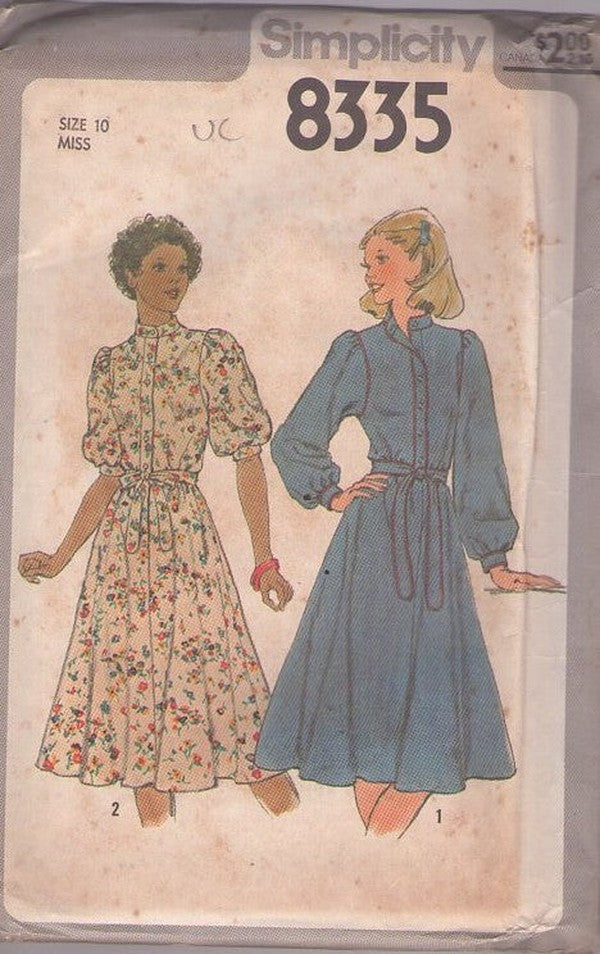 Simplicity 8335 Vintage 70's Sewing Pattern Disco Dresses, Secretary Puff Balloon Sleeve Flared Step In Button Band Day Dress with Piping Trim Size 10