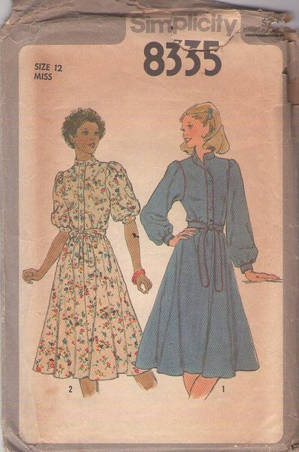 Simplicity 8335 Vintage 70's Sewing Pattern Disco Dresses, Secretary Puff Balloon Sleeve Flared Step In Button Band Day Dress with Piping Trim Size 12