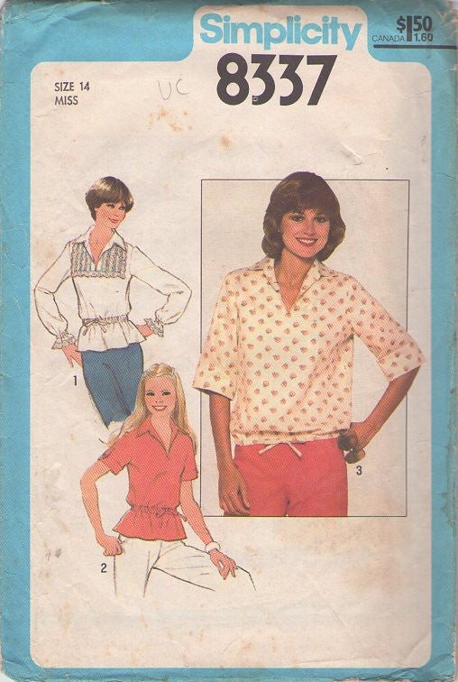 Simplicity 8337 Vintage 70's Sewing Pattern Peplum Blouse Set, Lacy, Drawstring, 3 Styles Size 12