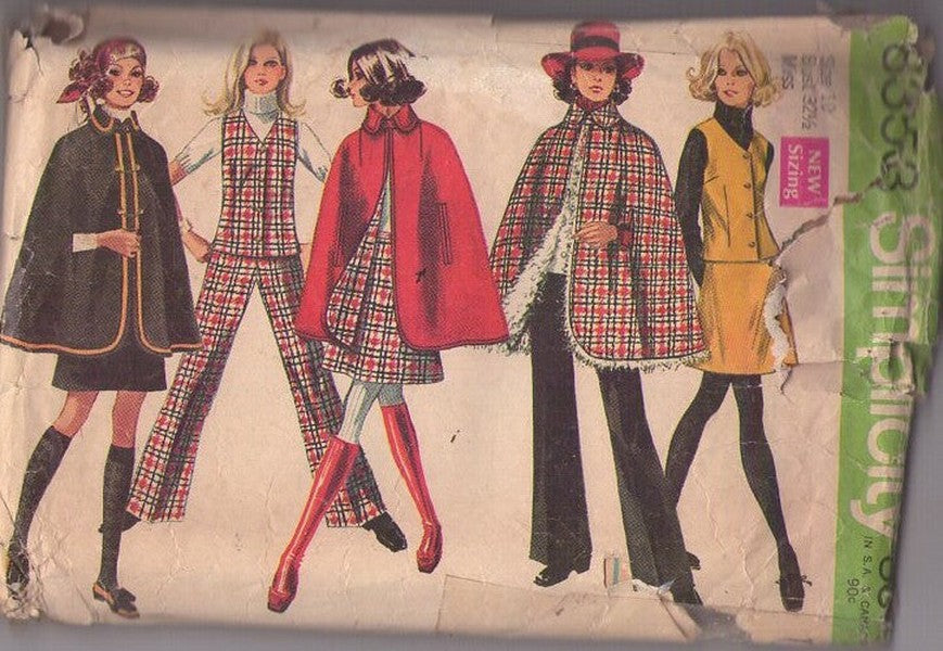 Simplicity 8353 Vintage 60's Sewing Pattern Mod Cloaks, Twiggy Faux Fur Lined Poncho Cape, Cloak, Arm Slits, Vest Top, Mini Skirt & Pants Size 10