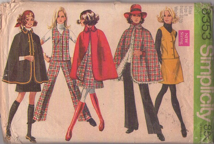 Simplicity 8353 Vintage 60's Sewing Pattern Mod Cloaks, Twiggy Faux Fur Lined Poncho Cape, Cloak, Arm Slits, Vest Top, Mini Skirt & Pants Size 8